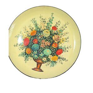 Vintage 13" Round Japanese Floral Papier-Mâché Serving Tray, Yellow MCM Retro Ba
